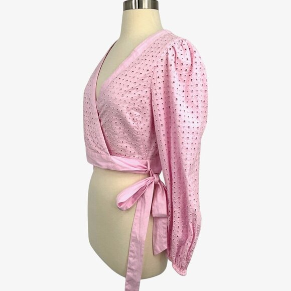 NWT LoveShackFancy Kinza Crop Wrap Top Lotus Pink Embroidered Eyelet Size M - Picture 3 of 13